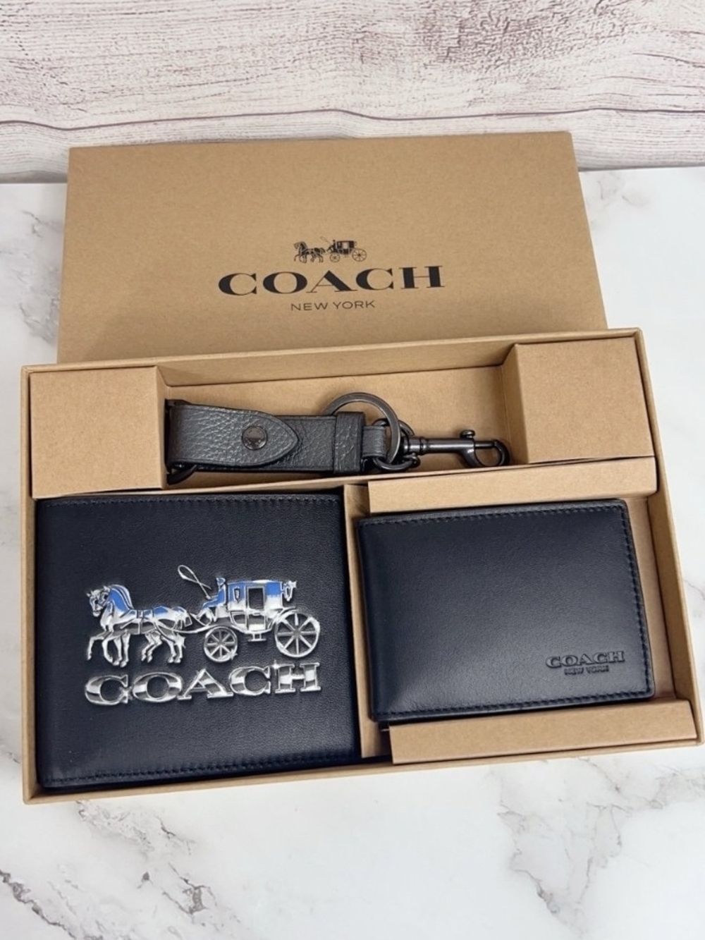 Coach Black Leather Wallet, Card Case & Key Holder Set with Silver Coach Emblem